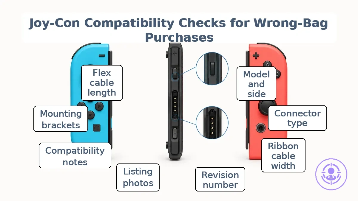 Annotated Joy-Con showing side identification and connector area for compatibility checks
