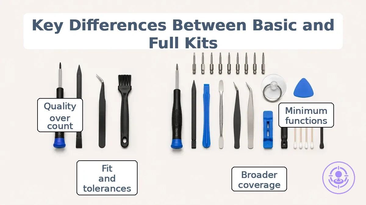 Labeled example showing basic vs full Joy-Con repair tool kit components by tool job.