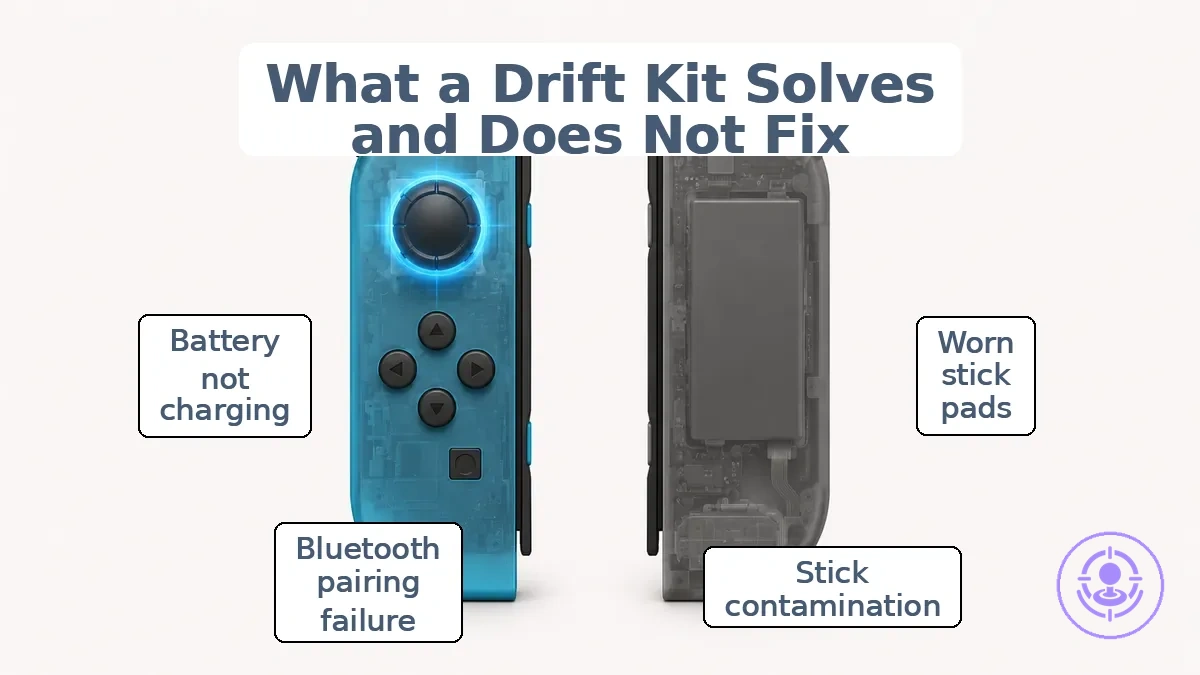 Annotated Joy-Con showing stick area as kit-fix scope and noting issues a kit does not fix