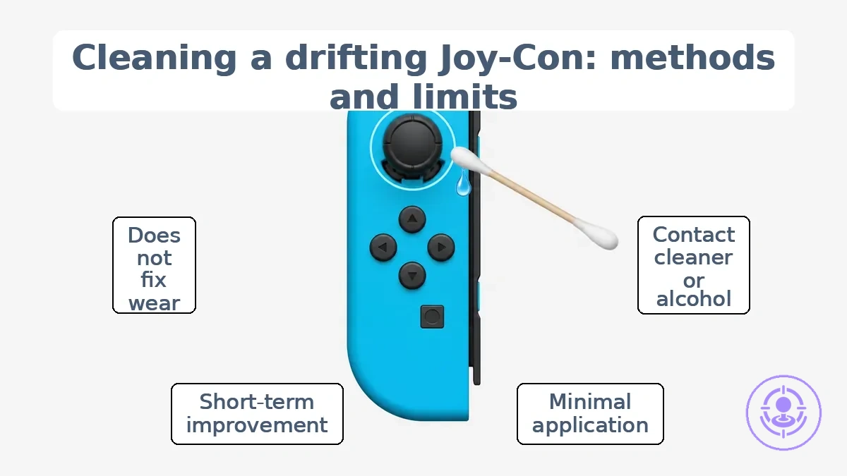 Annotated Joy-Con showing joystick area for cleaning and minimal-application guidance.