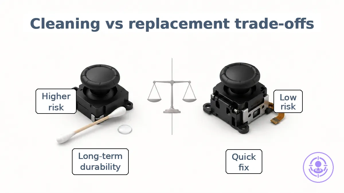 Comparison graphic of Joy-Con drift cleaning vs repair kit trade-offs for durability, risk, time, and difficulty.