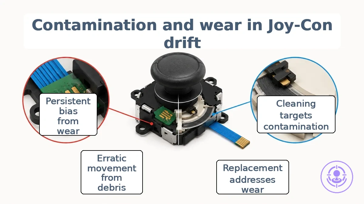 Diagram of a Joy-Con joystick module showing a contamination area near the contact pads labeled cleaning affects this and a wear point on the resistive track labeled replacement affects this