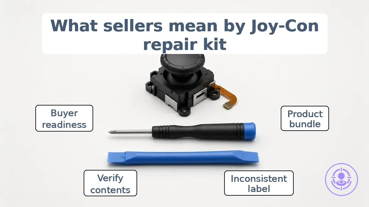 Diagram labeling typical parts, tools, and accessories in a Joy-Con drift repair kit
