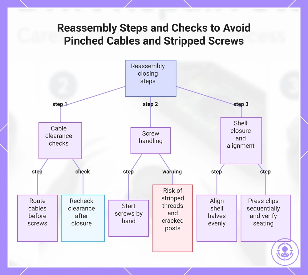 Reassembly Steps and Checks to Avoid Pinched Cables and Stripped Screws