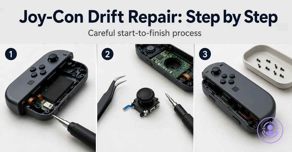 Step-by-step Joy-Con drift repair kit process showing opening, part replacement, and reassembly stages