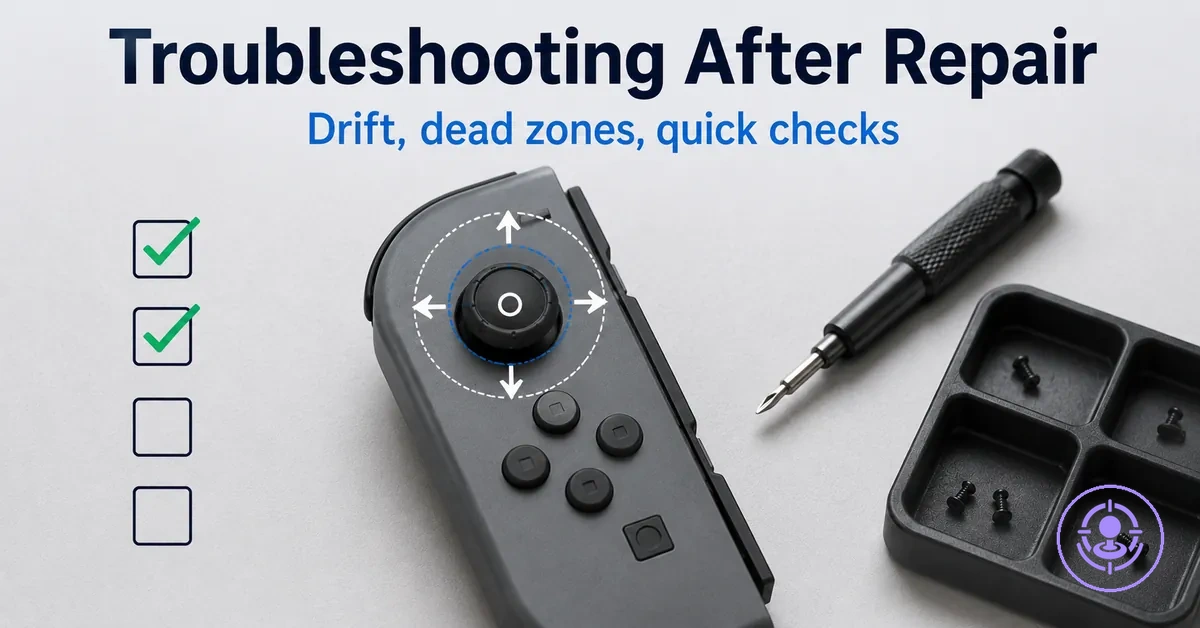 Joy-Con drift repair kit troubleshooting visuals highlighting drift symptoms and dead zone checks after repair