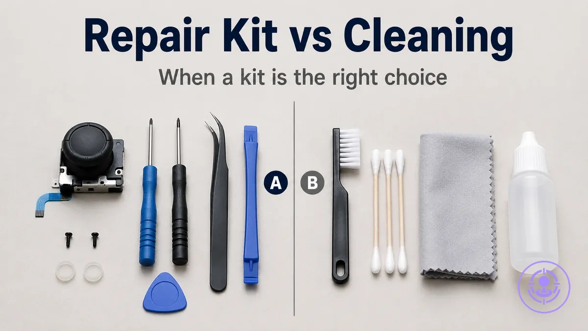 Joy-Con drift repair kit next to cleaning tools to illustrate when replacement is more suitable than cleaning