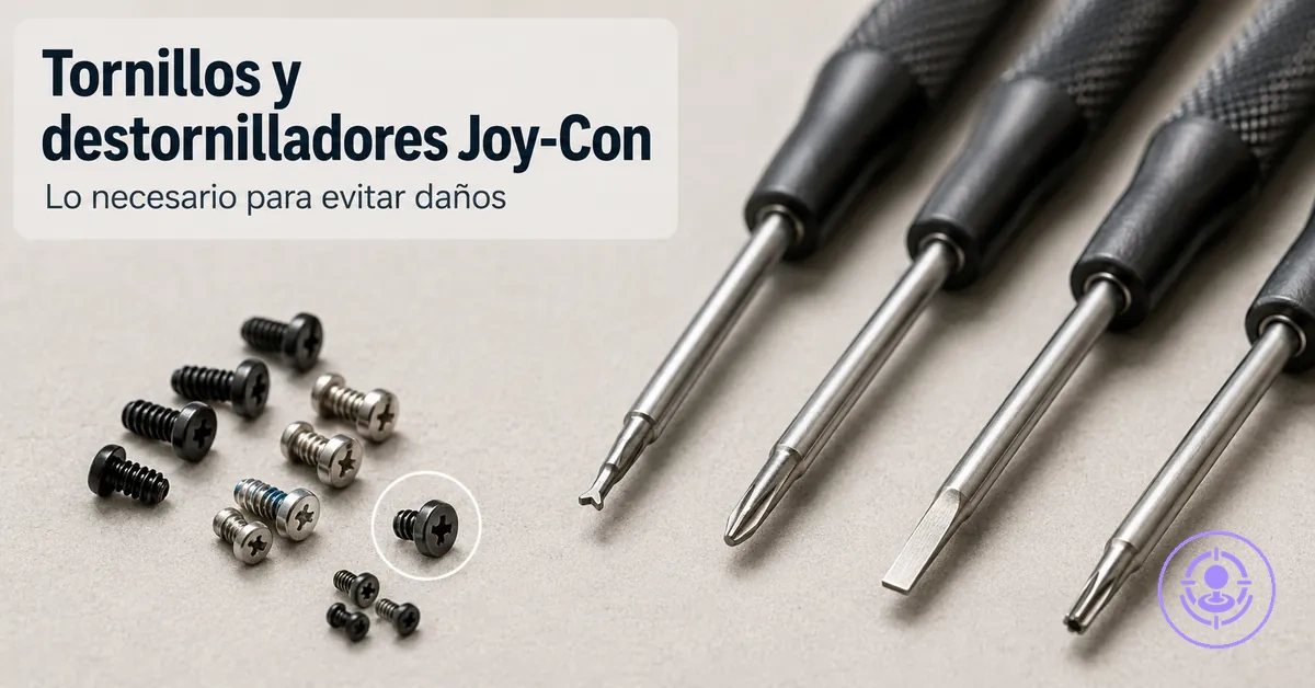 Primer plano de destornilladores de precisión y tornillos pequeños usados en un kit de reparación del drift de Joy-Con
