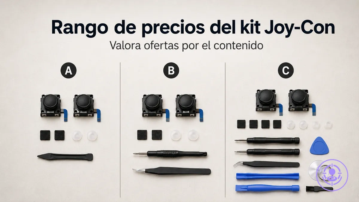 Kits de reparación del drift de Joy-Con con distintos accesorios para mostrar cómo el contenido cambia el rango de precios