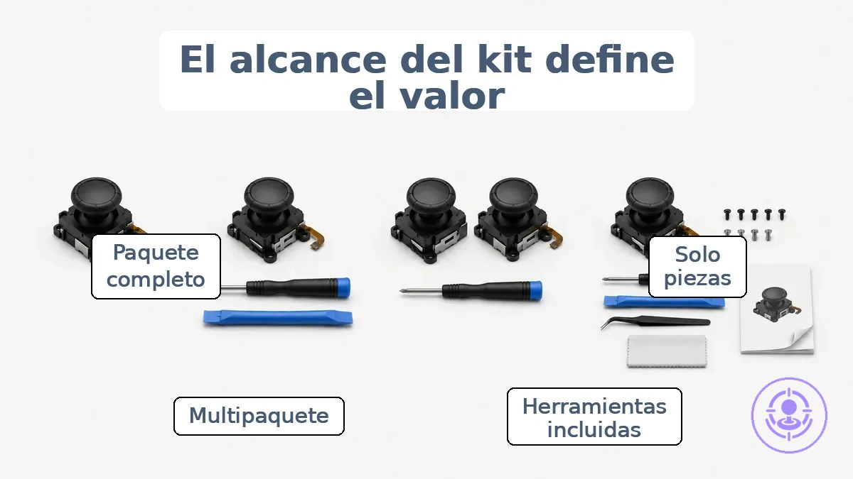 Gráfico comparativo que muestra los grupos de alcance de los kits de reparación de Joy-Con y lo que cada uno suele incluir.