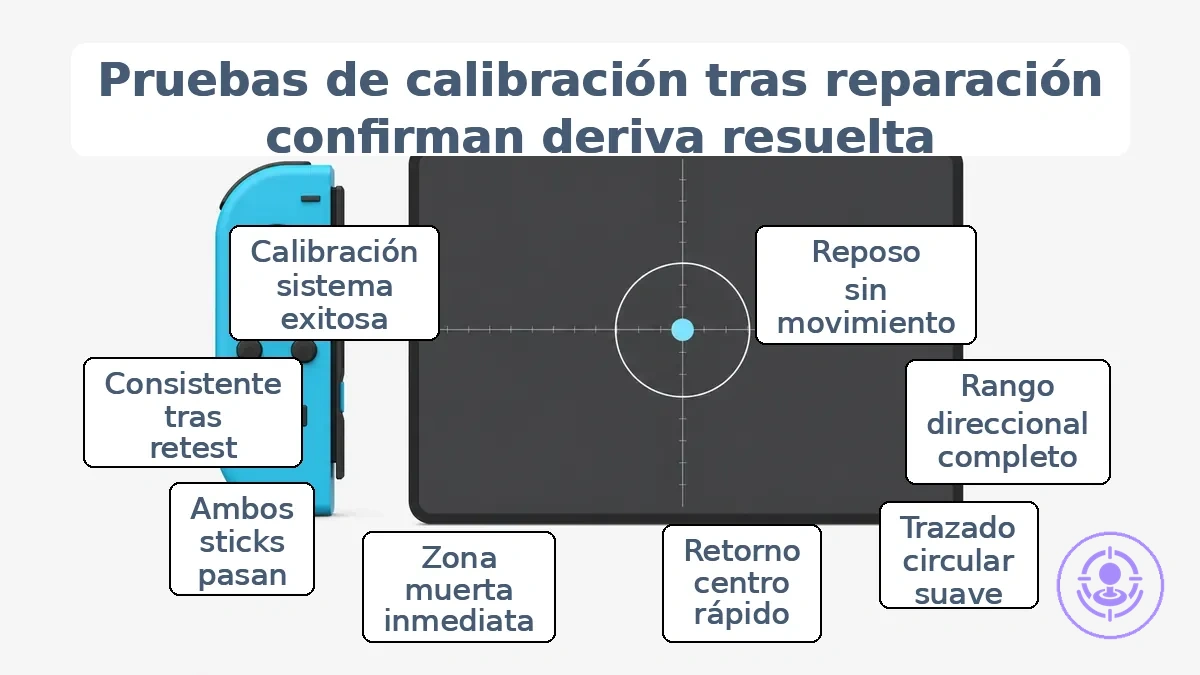 Pantalla de prueba de calibración que muestra la posición centrada del stick y el anillo de zona muerta