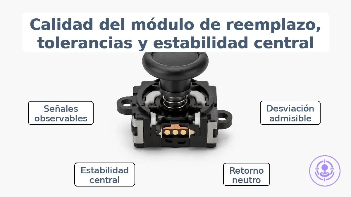 Primer plano de un módulo de joystick de repuesto que muestra las piezas mecánicas internas que afectan la tolerancia y la estabilidad del centrado