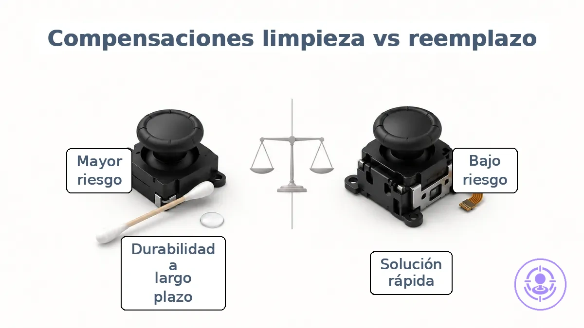 Gráfico comparativo de las compensaciones entre limpieza del drift de Joy-Con y kit de reparación en durabilidad, riesgo, tiempo y dificultad.