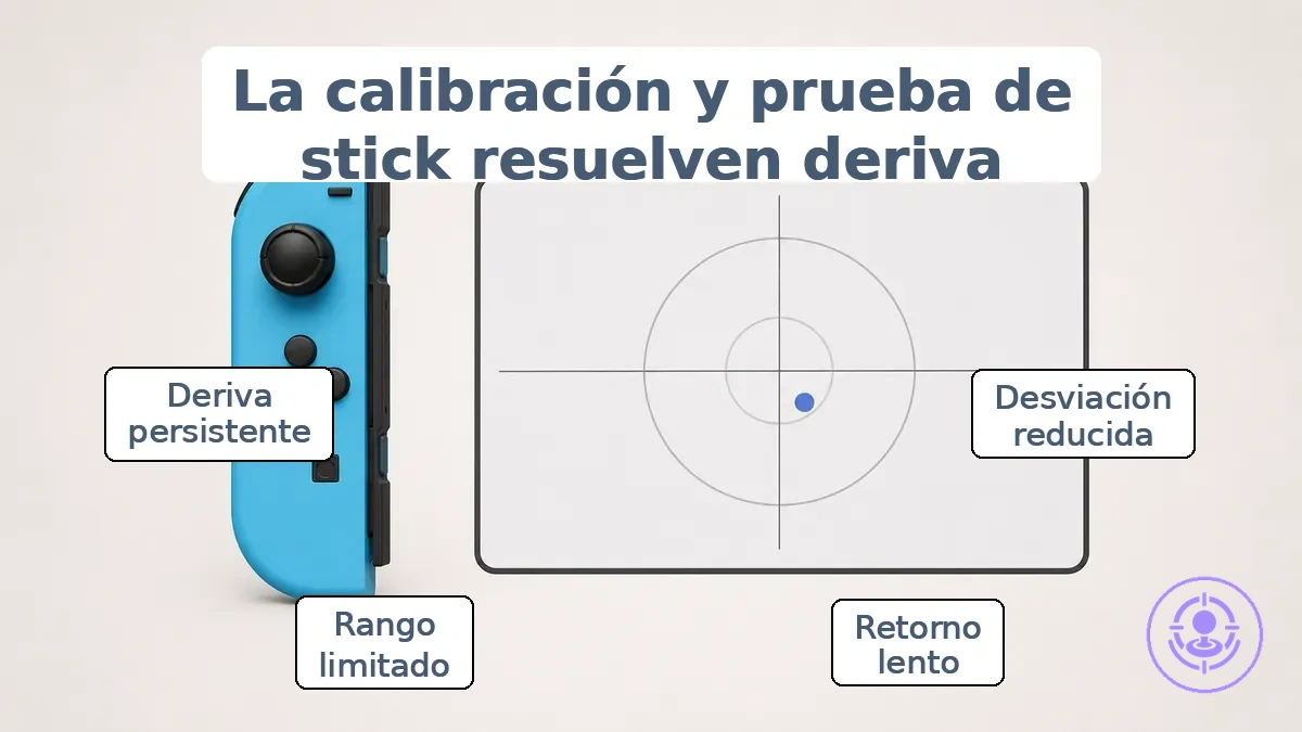 Ejemplo anotado de prueba del stick que muestra el punto central del Joy-Con y una lectura descentrada tras el reemplazo del joystick