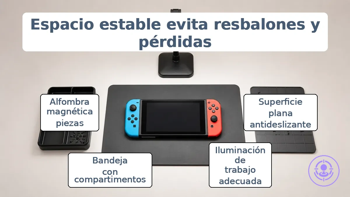 Un espacio de trabajo bien iluminado con una bandeja de piezas y una alfombrilla magnética colocadas sobre una superficie estable