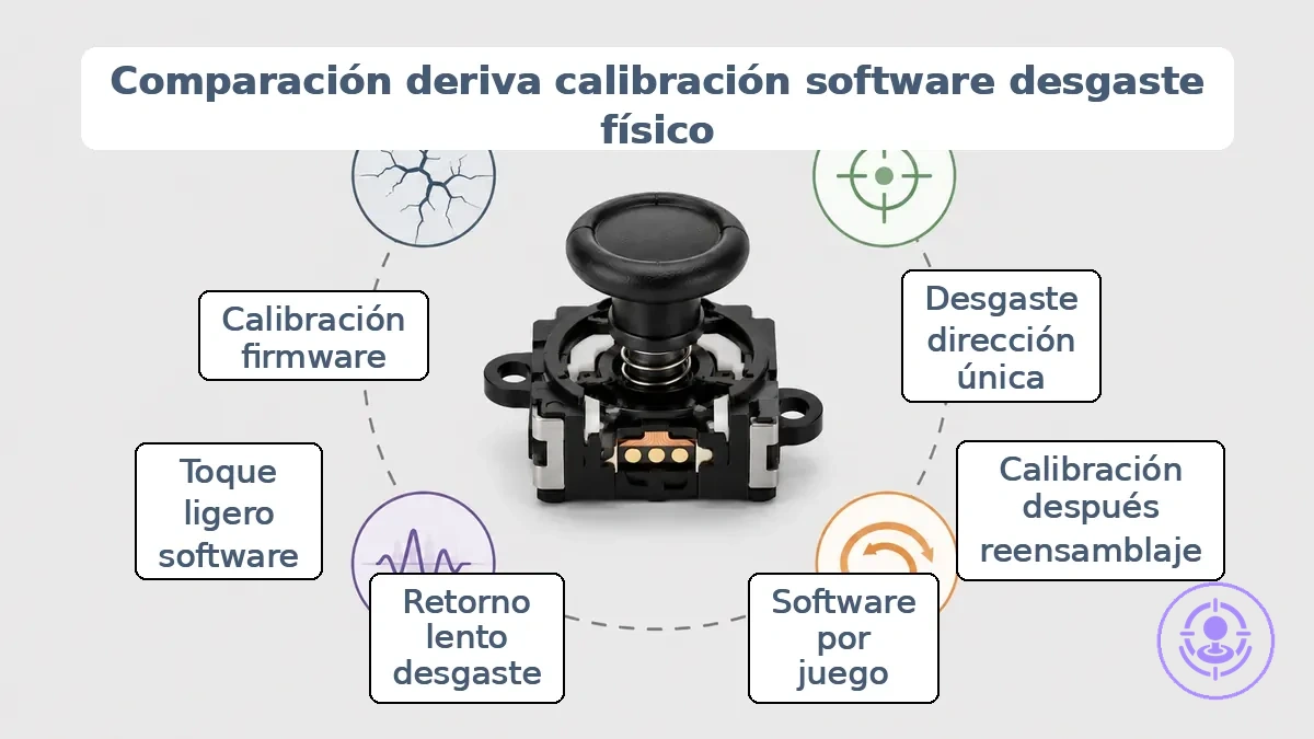 Tabla comparativa que muestra patrones de síntomas para distinguir el drift de la calibración, los ajustes de software y el desgaste físico del stick.
