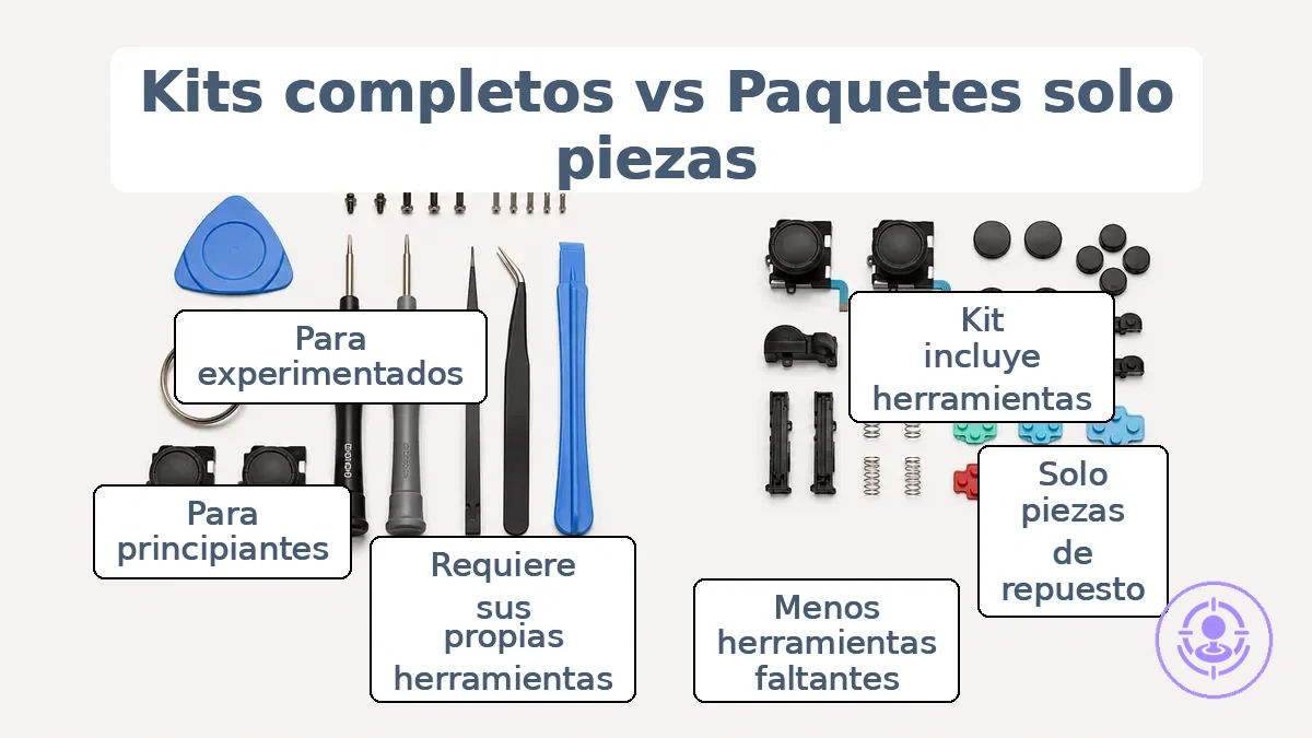 Comparación lado a lado de un kit completo de herramientas de reparación de Joy-Con y un paquete solo de piezas