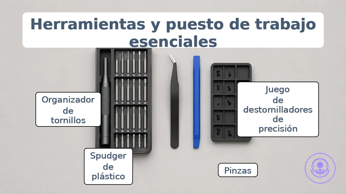 Herramientas de trabajo organizadas para la sustitución del joystick del Joy-Con que muestran una bandeja de tornillos y destornilladores de precisión.