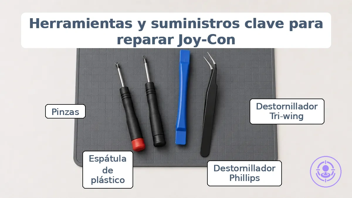 Herramientas y suministros preparados para la reparación de Joy-Con