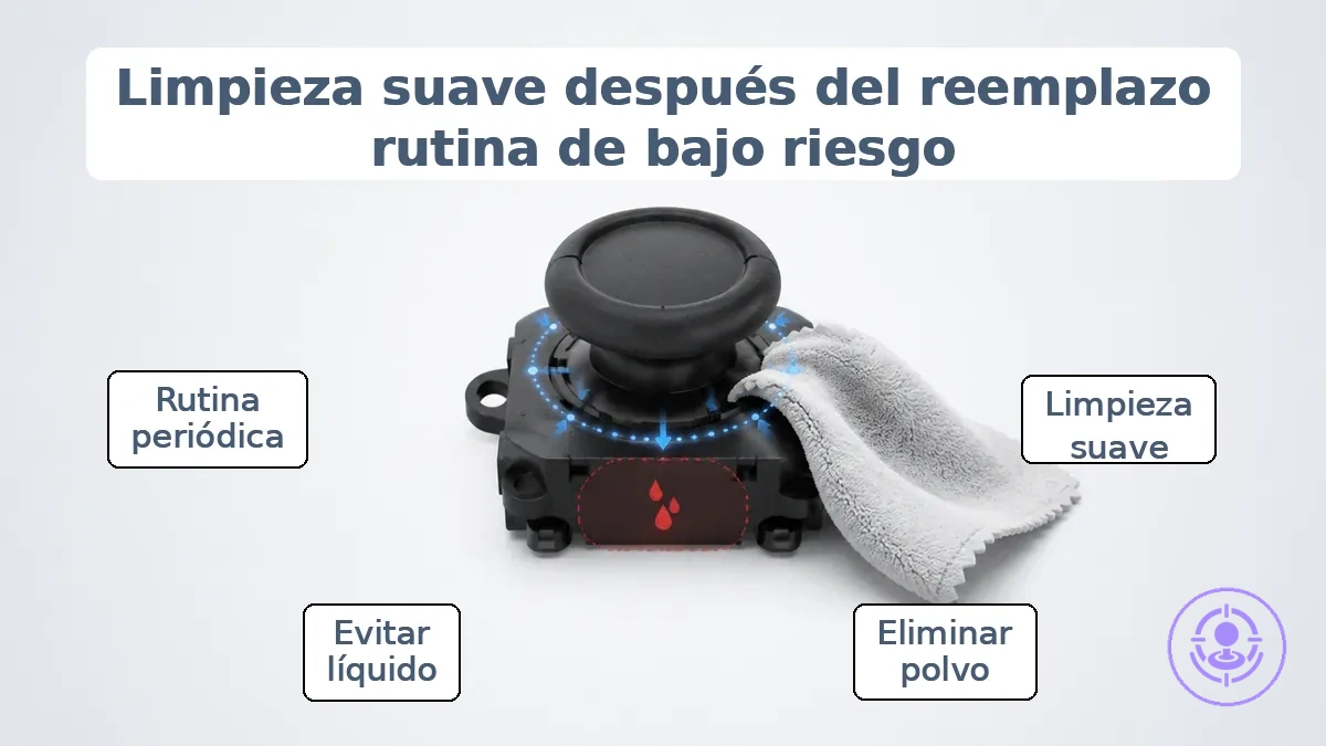 Área del stick del Joy-Con anotada que muestra puntos de limpieza suave y advertencia de evitar exceso de líquido.