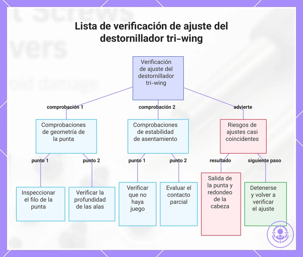 Lista de verificación de ajuste del destornillador tri-wing
