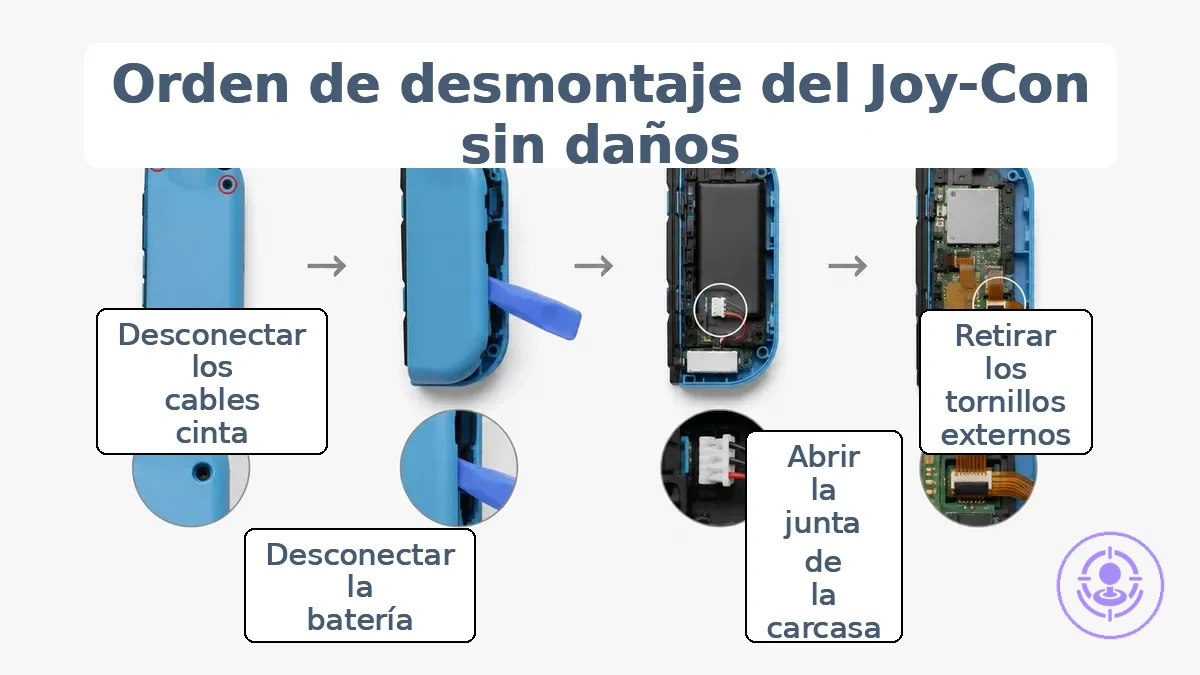 Puntos de control del orden de desmontaje del Joy-Con que muestran las ubicaciones de los tornillos exteriores, la línea de apertura de la carcasa, la posición del conector de la batería y el área de los cables de cinta.