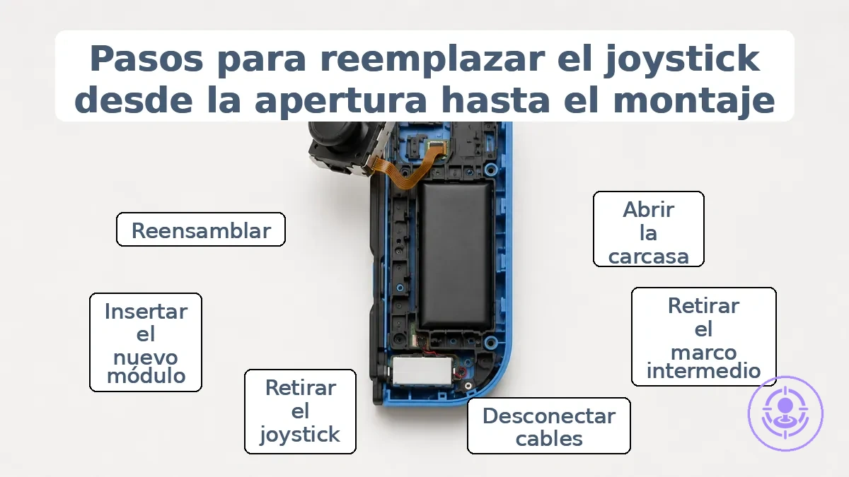 Etapas paso a paso para la sustitución del módulo del joystick del Joy-Con desde la apertura de la carcasa hasta el reensamblaje.