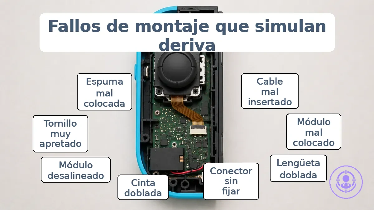 Diagrama anotado del interior del Joy-Con que muestra el módulo del joystick y los puntos de asentamiento del conector que pueden imitar el drift tras la reparación