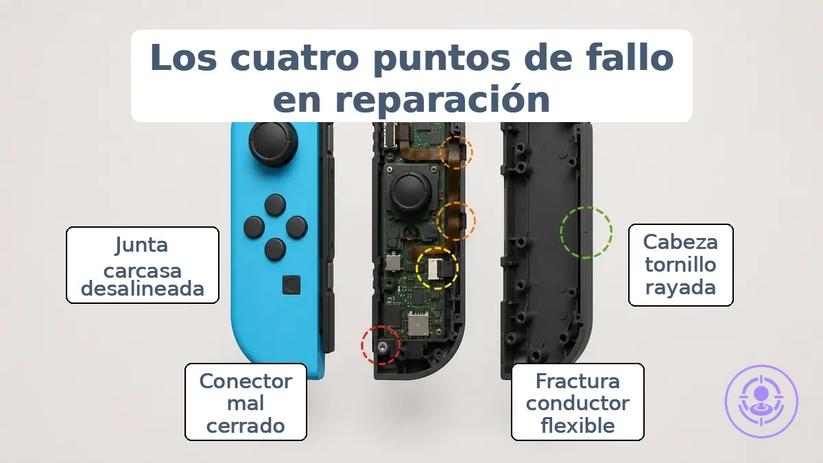 Diagrama que etiqueta los puntos de contacto de reparación de Joy-Con: cabezas de tornillo, cable de cinta, pestillo de conector y asiento de la carcasa.