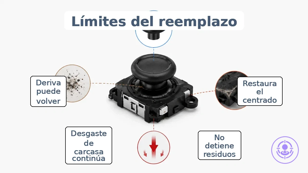 Diagrama que muestra la sustitución del módulo del joystick de Joy-Con y las áreas circundantes que aún afectan la reaparición del drift a largo plazo.