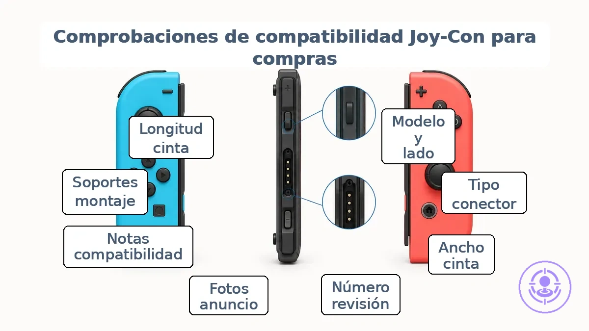 Joy-Con anotado que muestra la identificación del lateral y el área del conector para verificaciones de compatibilidad