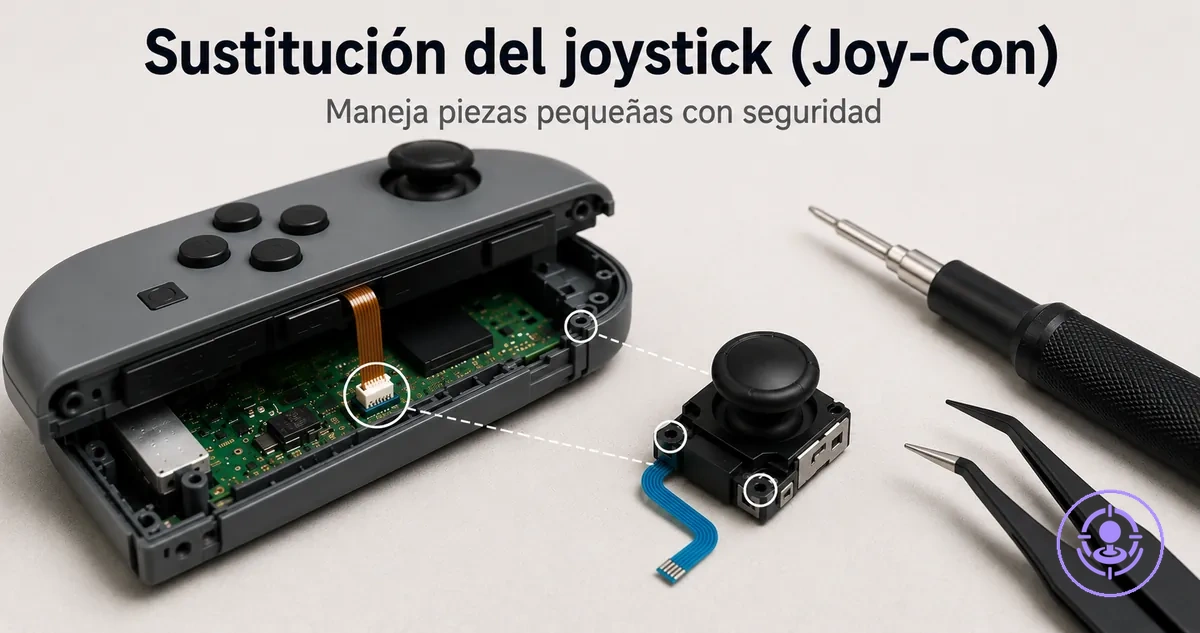 Sustitución del joystick de Joy-Con con un kit para el drift mostrando cable flexible y alineación del módulo
