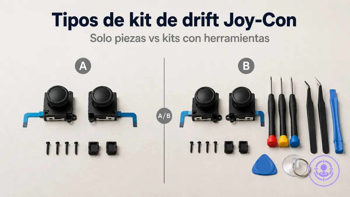 Vista lado a lado de kits de reparación del drift de Joy-Con: solo piezas y kits con herramientas para comparar contenidos