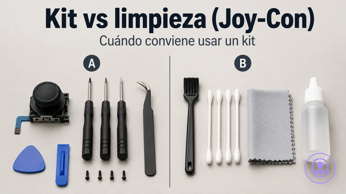 Kit de reparación del drift de Joy-Con junto a útiles de limpieza para decidir cuándo es mejor sustituir que limpiar