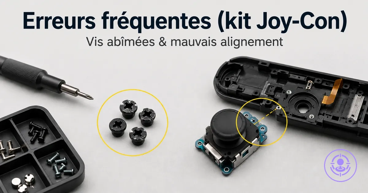 Erreurs fréquentes lors de la réparation du drift des Joy-Con, comme des vis abîmées et des pièces mal alignées