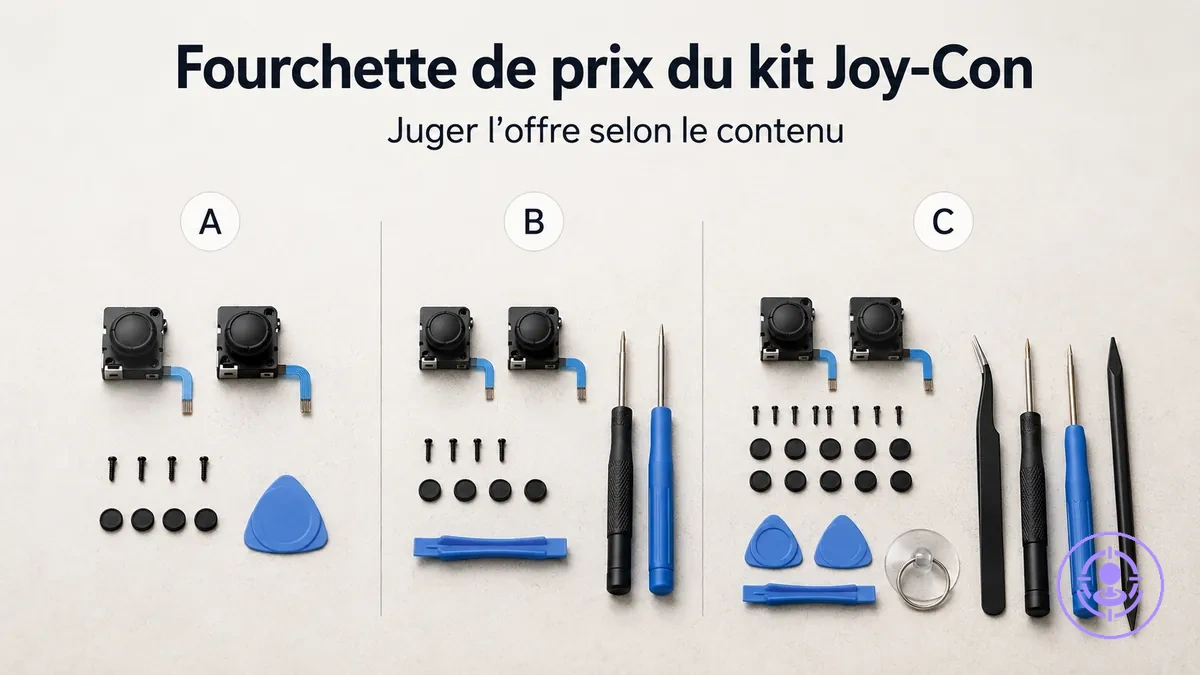 Différents kits de réparation du drift des Joy-Con avec contenus variables pour illustrer l’impact sur la fourchette de prix