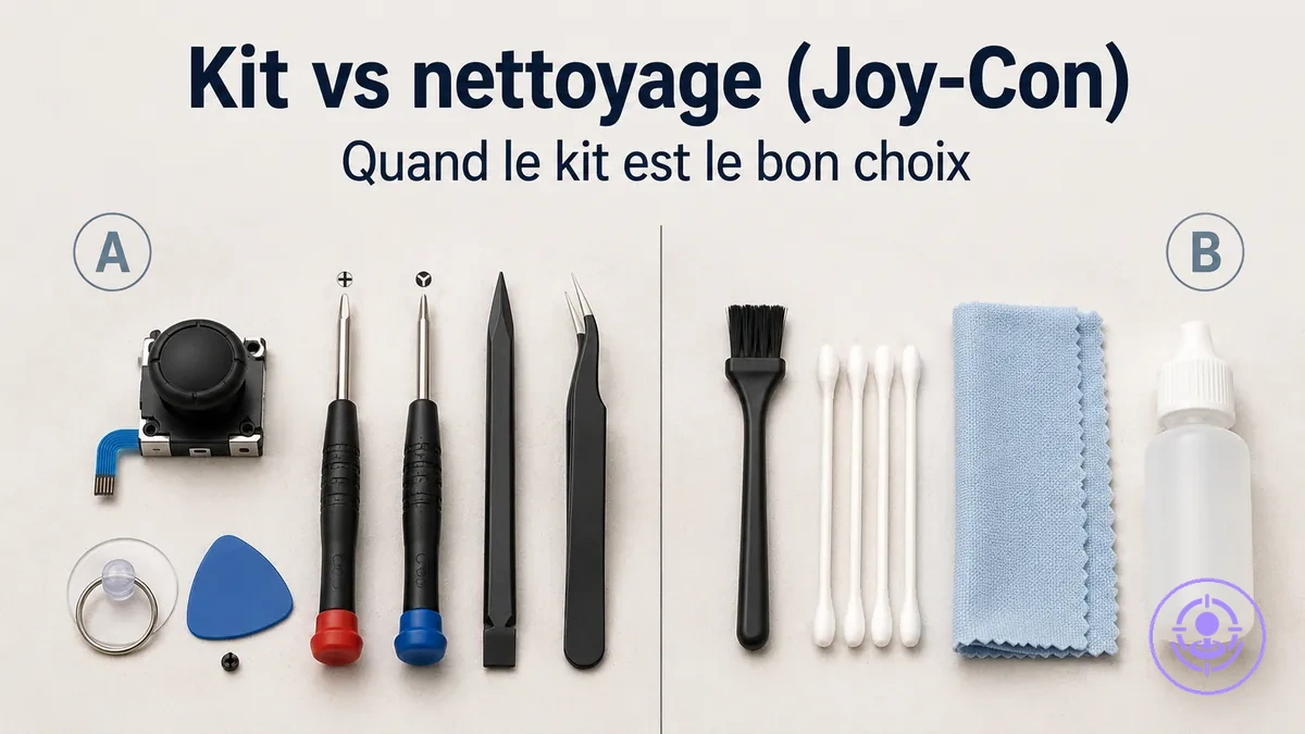 Kit de réparation du drift des Joy-Con à côté d’accessoires de nettoyage pour comparer remplacement et nettoyage