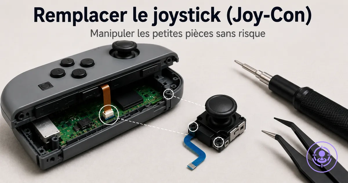 Remplacement du joystick Joy-Con avec un kit de réparation du drift, en montrant le câble ruban et l’alignement du module