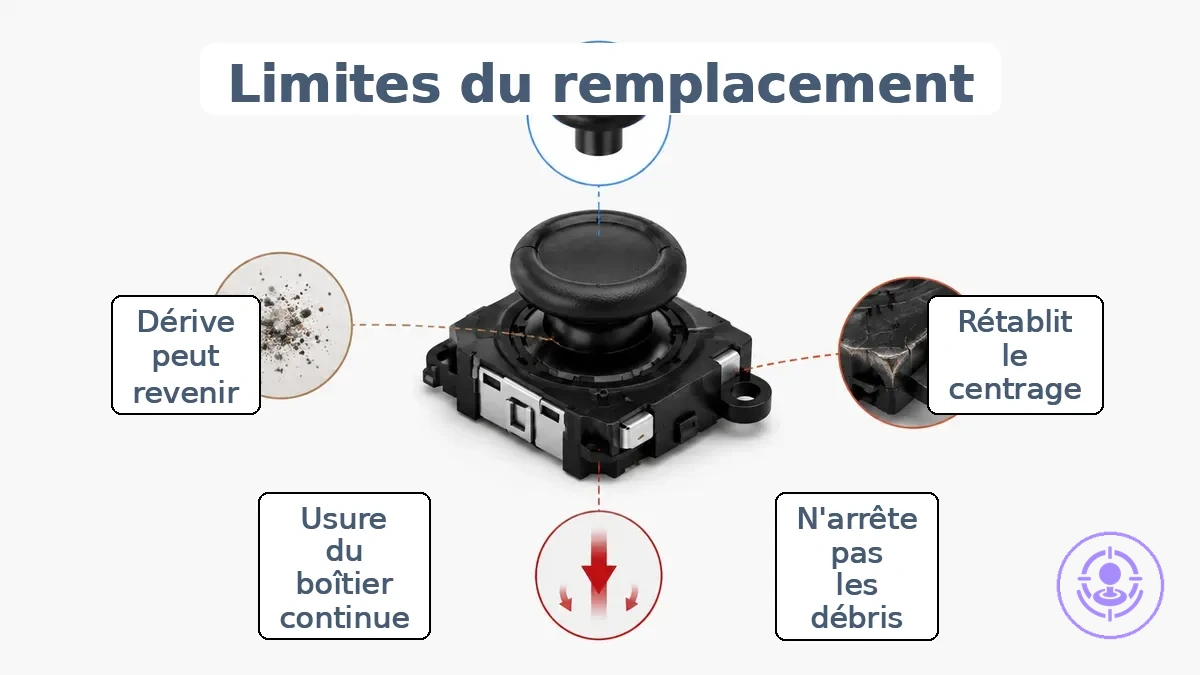 Schéma montrant le remplacement du module joystick du Joy-Con et les zones environnantes qui affectent encore la réapparition du drift à long terme.