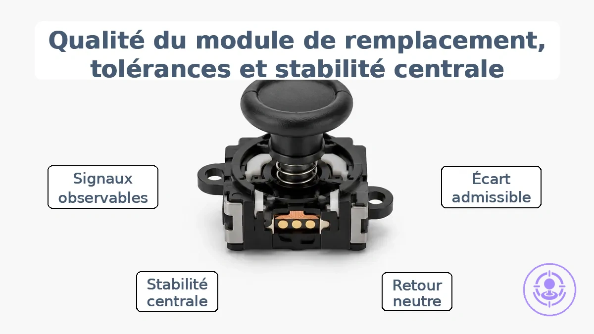 Gros plan d un module de joystick de remplacement montrant les composants mécaniques internes qui affectent la tolérance et la stabilité du centrage.