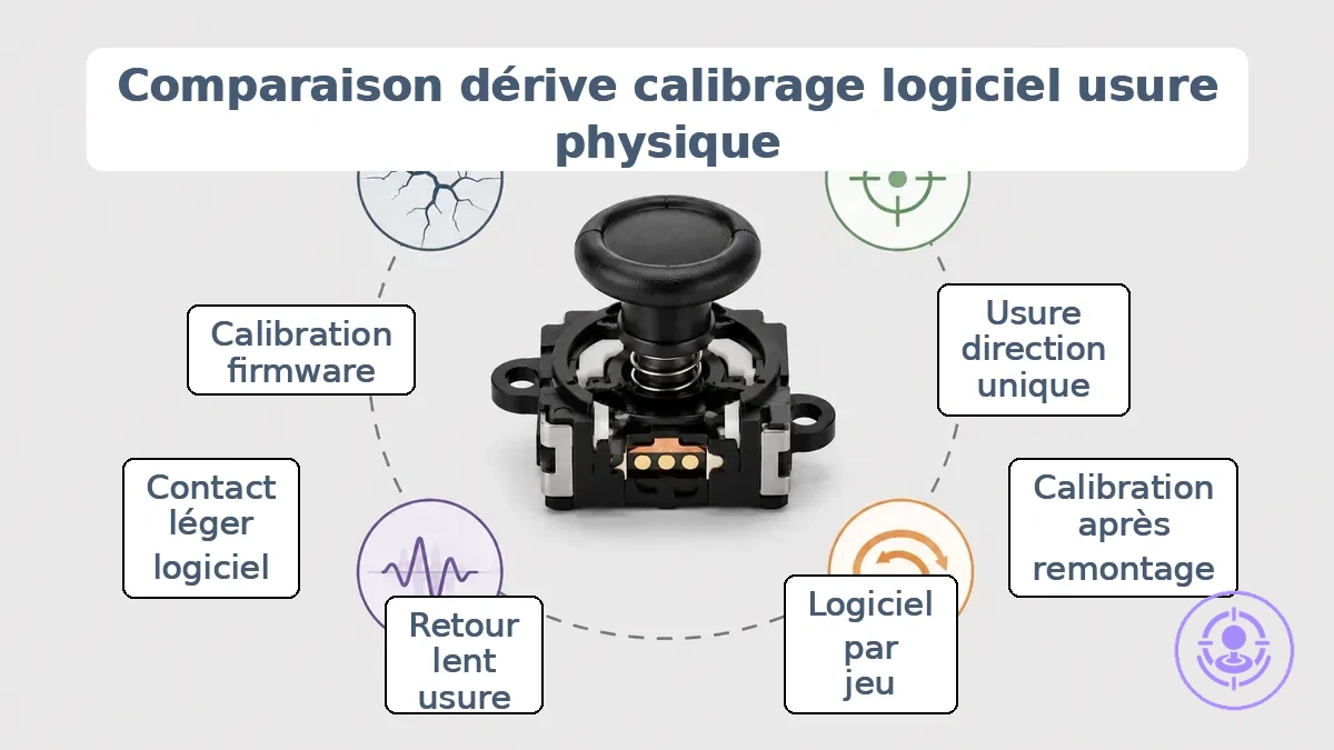 Tableau de comparaison montrant les schémas de symptômes pour distinguer le drift de l étalonnage, des paramètres logiciels et de l usure physique du stick.