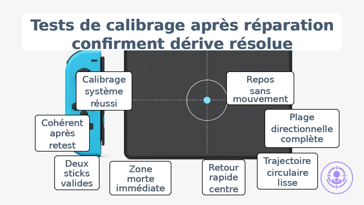 Écran de test de calibrage montrant la position centrée du stick et l anneau de zone morte