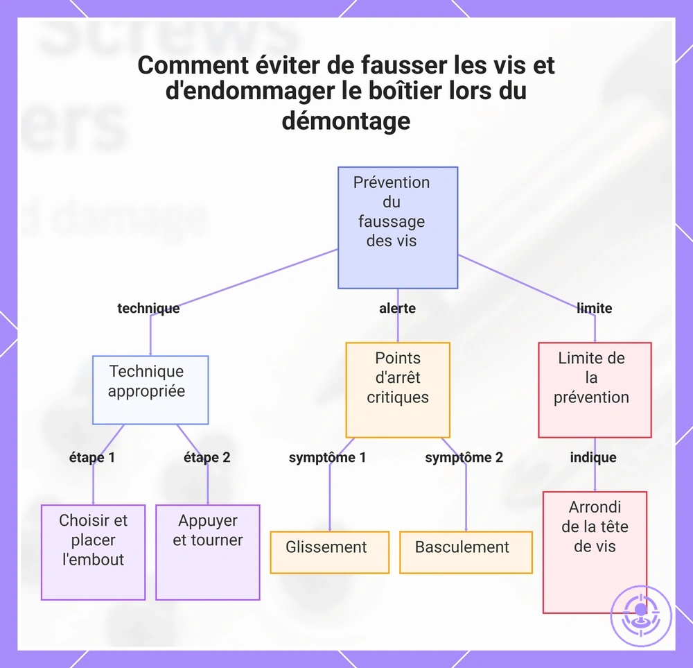 Comment éviter de fausser les vis et d'endommager le boîtier lors du démontage