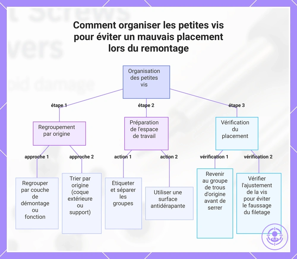 Comment organiser les petites vis pour éviter un mauvais placement lors du remontage