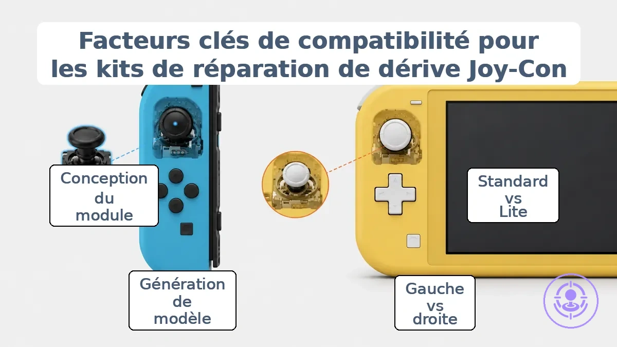 Visuel annoté des bases de compatibilité des kits de réparation du drift des Joy Con pour les manettes Switch