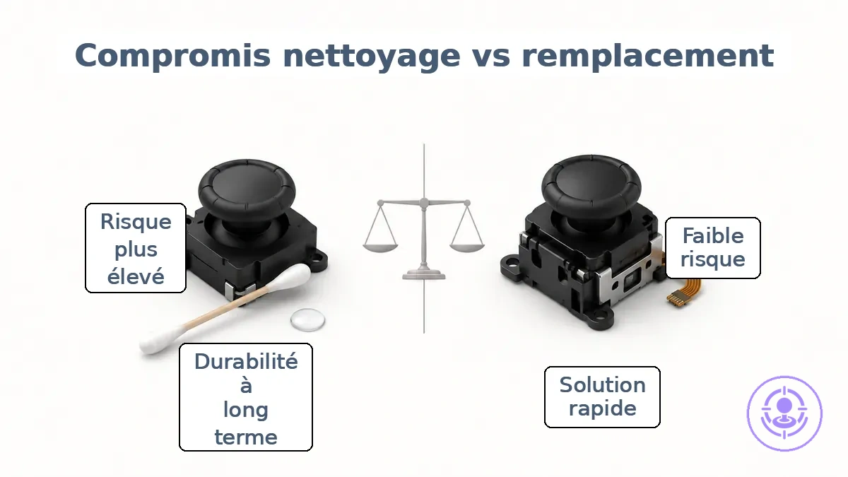 Graphique comparatif des compromis entre nettoyage et kit de réparation pour le drift des Joy-Con en termes de durabilité, risque, temps et difficulté.