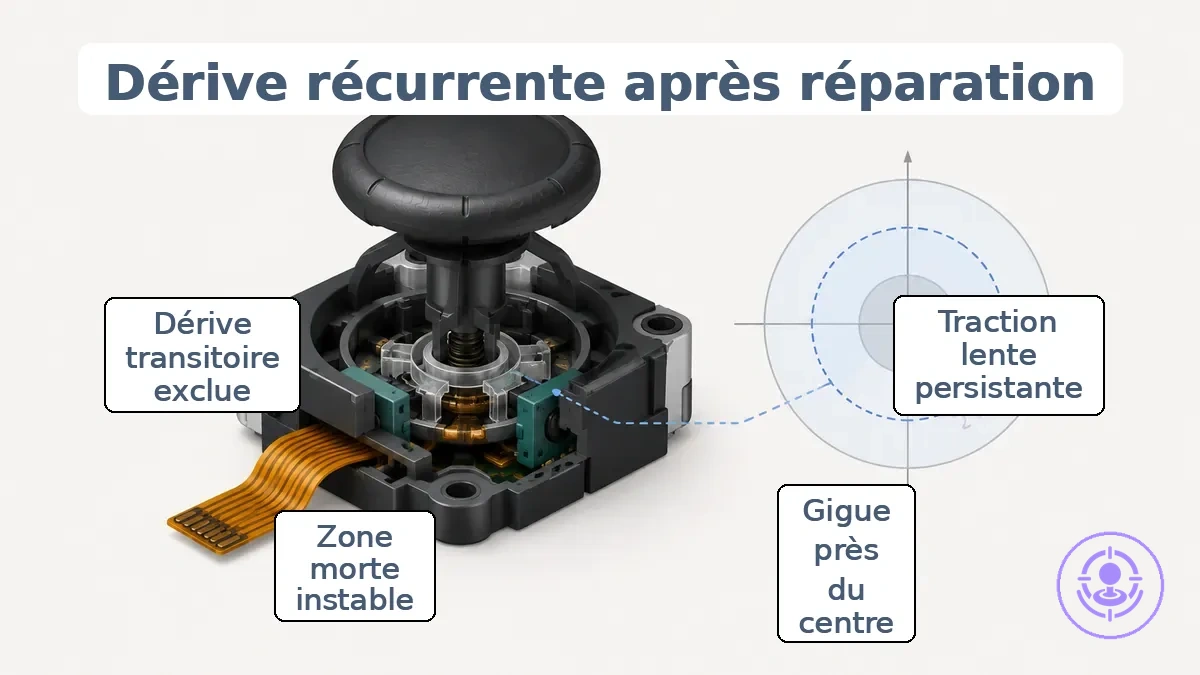 Diagramme de l entrée du stick des Joy-Con montrant un centre biaisé et des vibrations avec la zone morte.