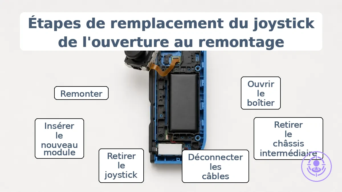Étapes du remplacement du module joystick Joy-Con, de l'ouverture du boîtier au remontage.