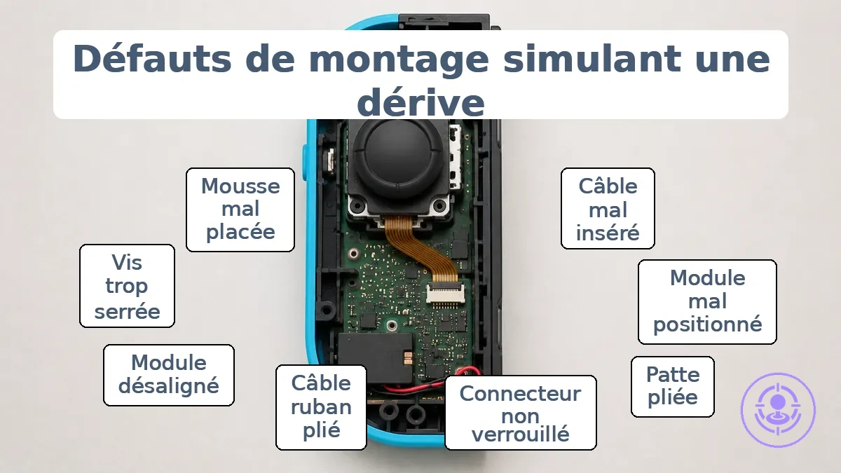 Schéma intérieur annoté du Joy-Con montrant les points de montage du module de joystick et du connecteur qui peuvent imiter un drift après réparation