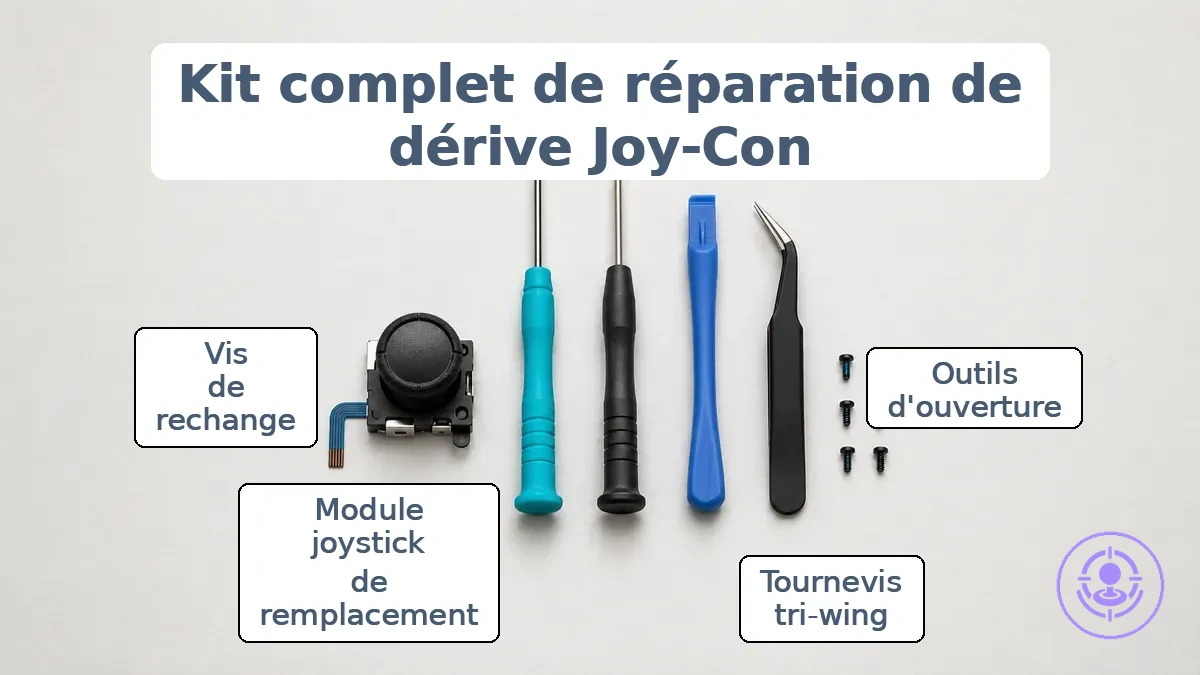Composants d’un kit de réparation du drift des Joy-Con : modules de joystick, tournevis tri-wing, outils d’ouverture, pince à épiler et petites vis sur un plateau de pièces